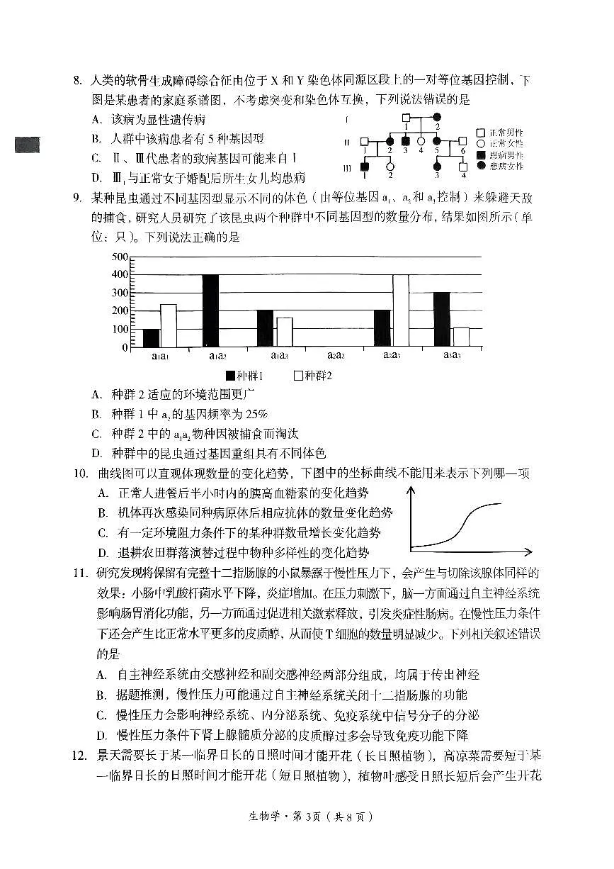 四川省巴中市普通高中2024-2025学年高三下学期一诊考试生物试卷（含答案）第3页