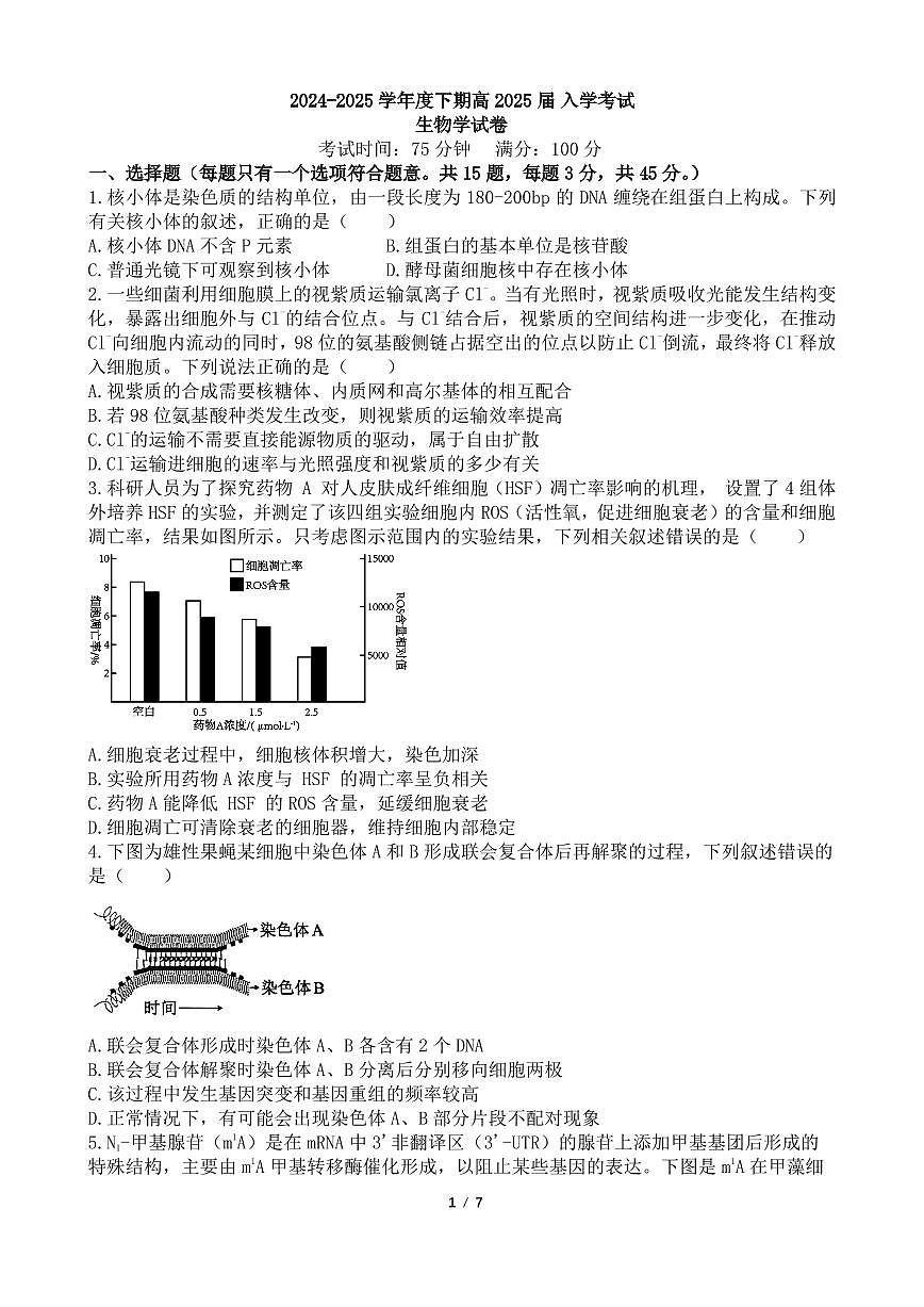 四川省成都市第七中学2024-2025学年高三下学期2月入学考试生物试卷（含答案）第1页
