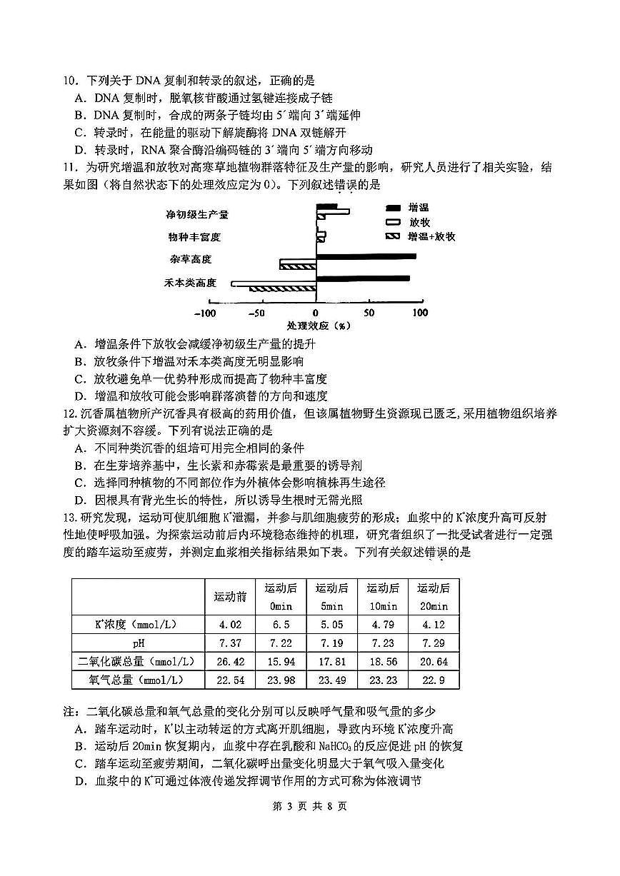浙江省名校协作体2024-2025学年高三下学期联考生物试卷（含答案）第3页