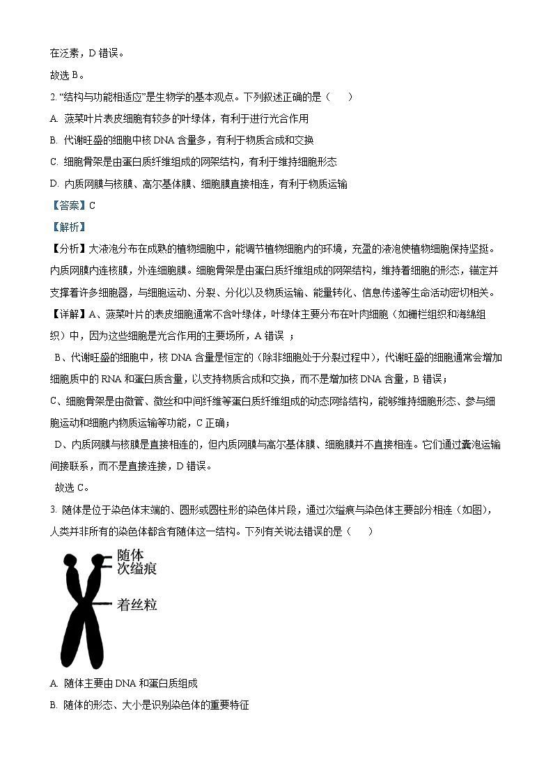 江苏省扬州市2024-2025学年高三上学期期末检测生物试卷 Word版含解析第2页