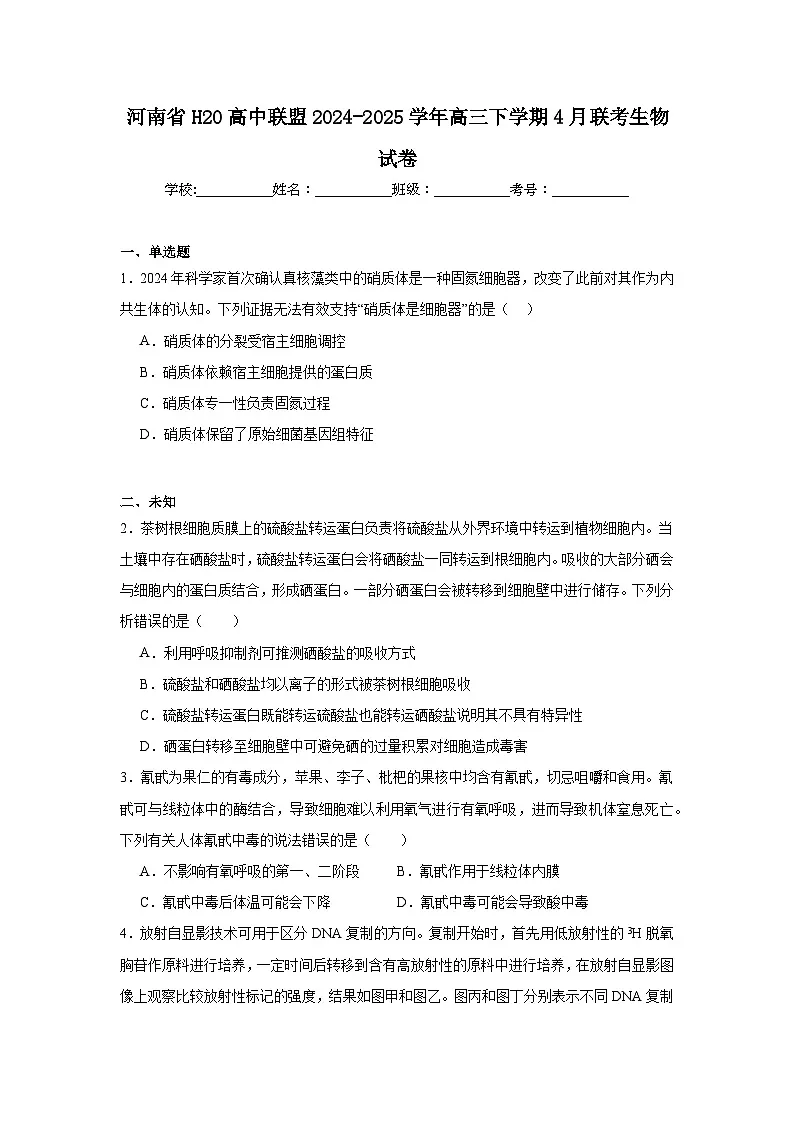 河南省H20高中联盟2024-2025学年高三下学期4月联考生物试卷（无答案）第1页