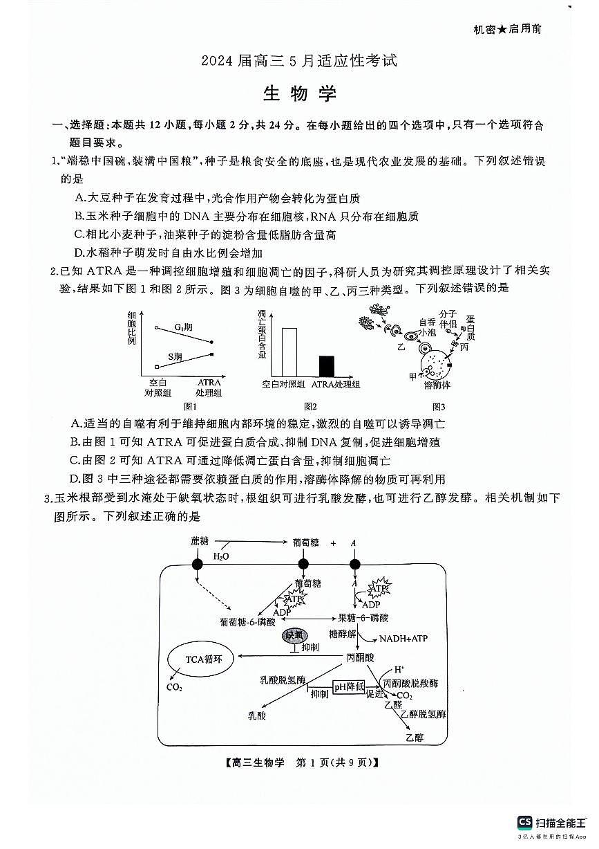 2024届湖南天壹名校联盟高三5月适应考-生物试卷（含答案）第1页