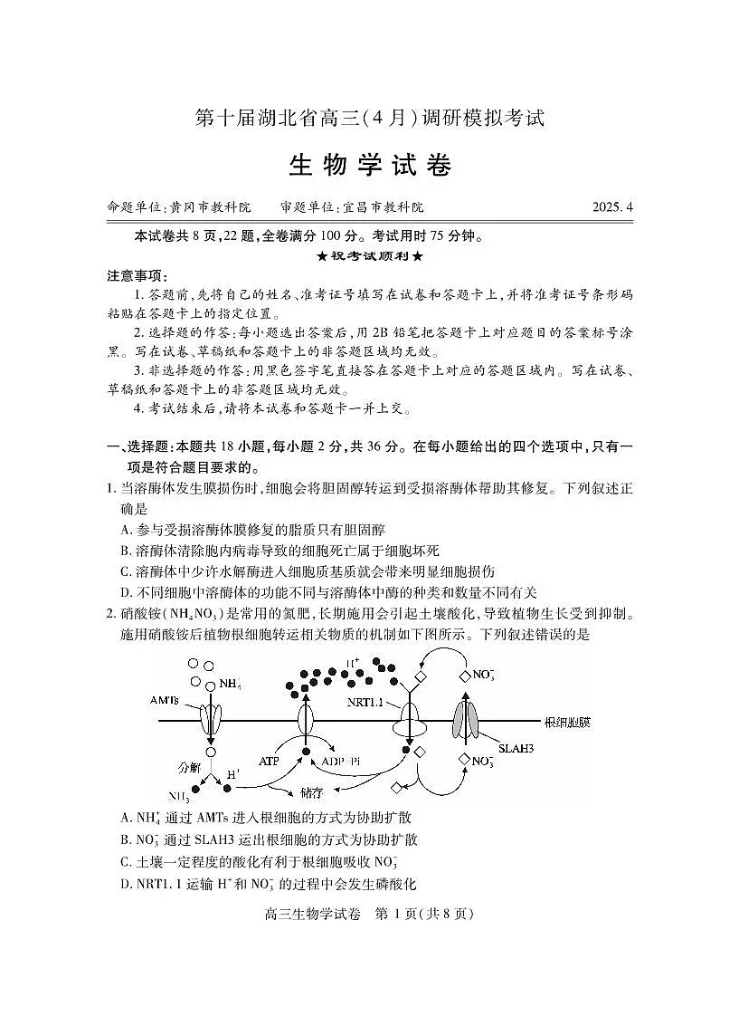 湖北省2025届高三（4月）调研模拟考试生物第1页