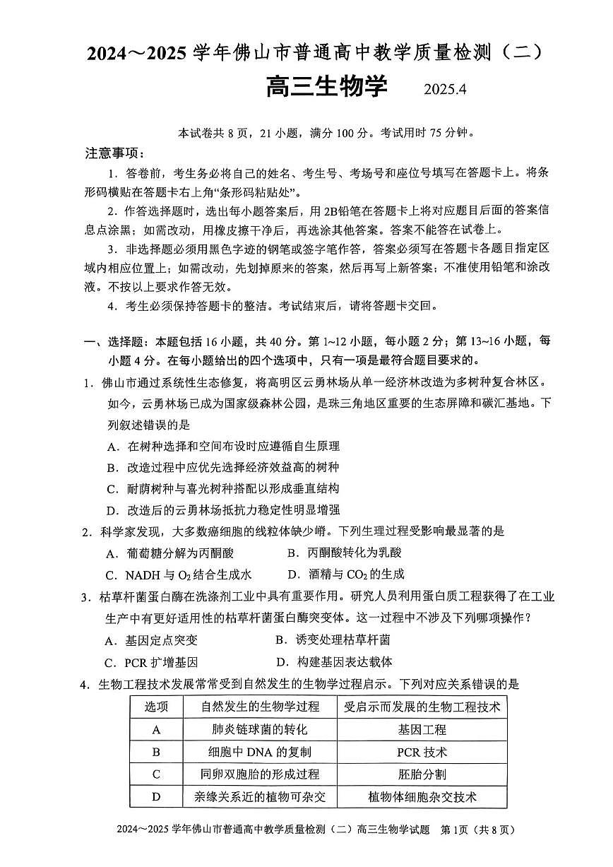 广东省佛山市2025届高三高考模拟第二次模拟-生物试题无答案第1页