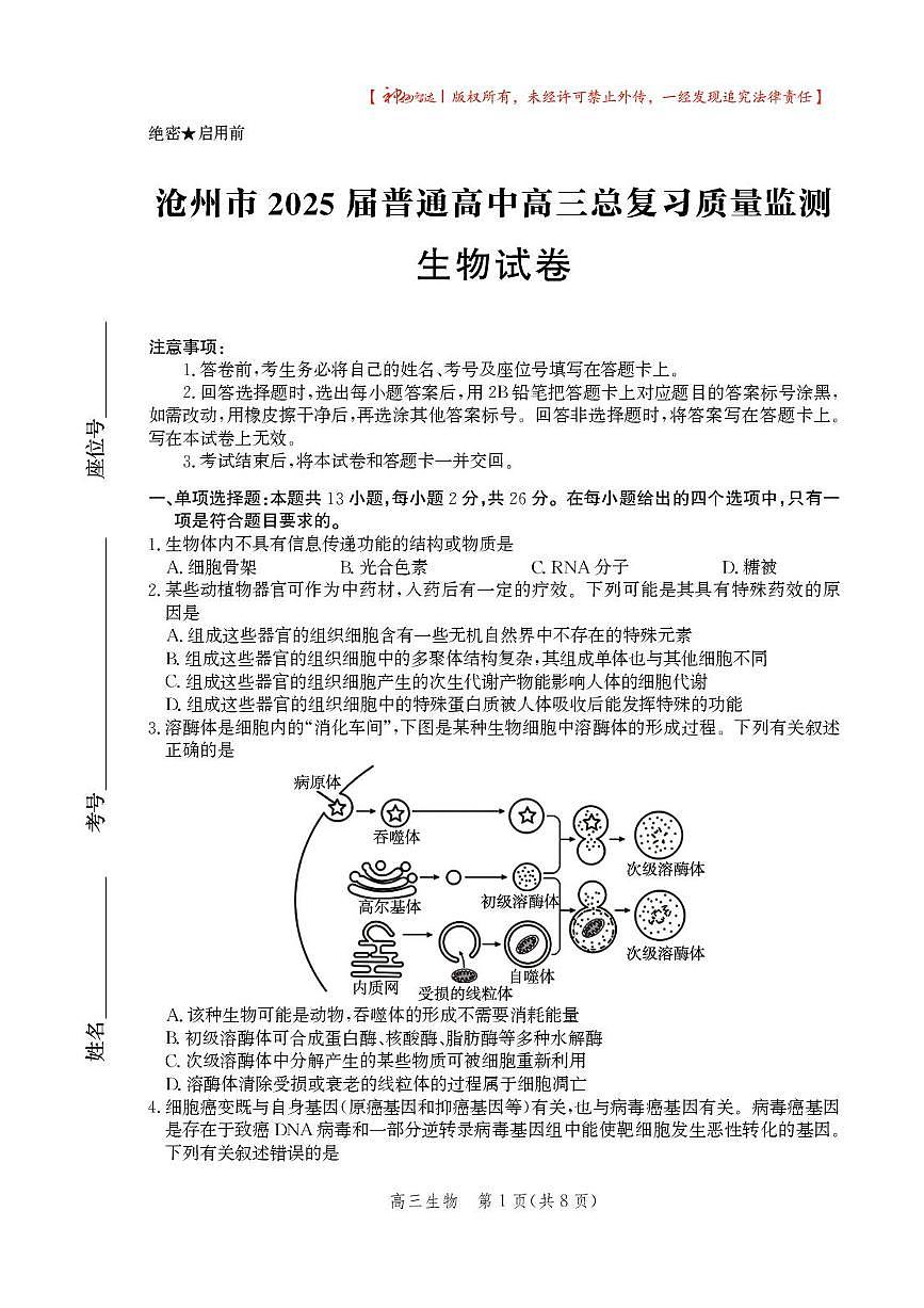 河北省沧州市2025届高三下学期4月二模试题 生物 PDF版含解析第1页