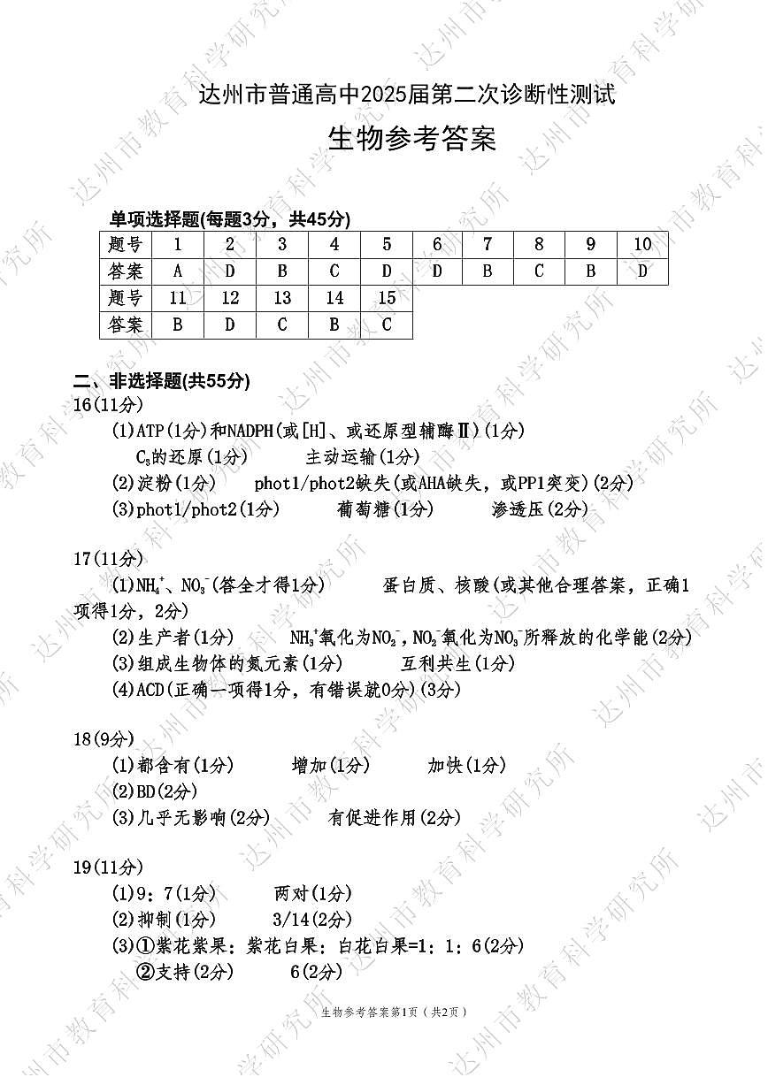 四川省达州市普通高中2025届第二次诊断性测试生物答案第1页