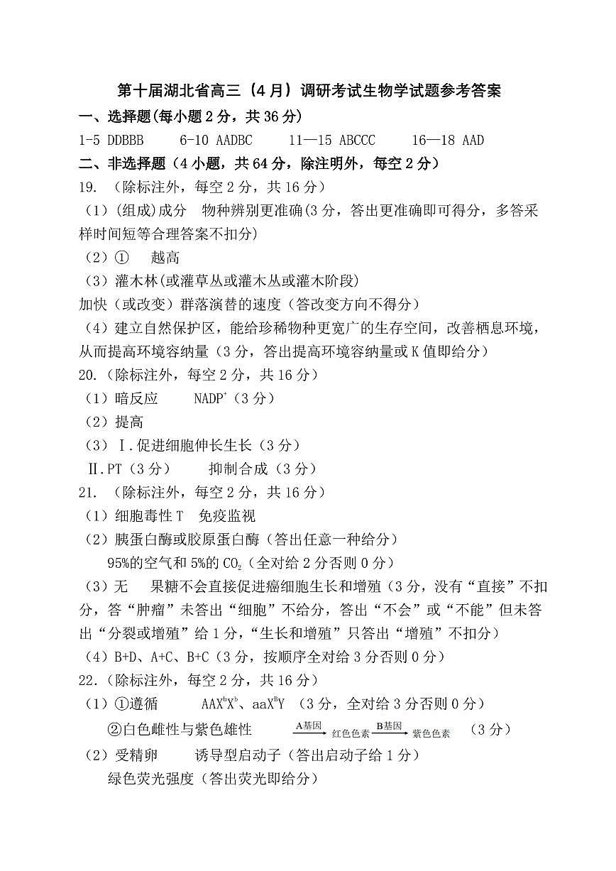 第十届湖北省高三（4月）调研模拟考试 生物答案.pdf第1页