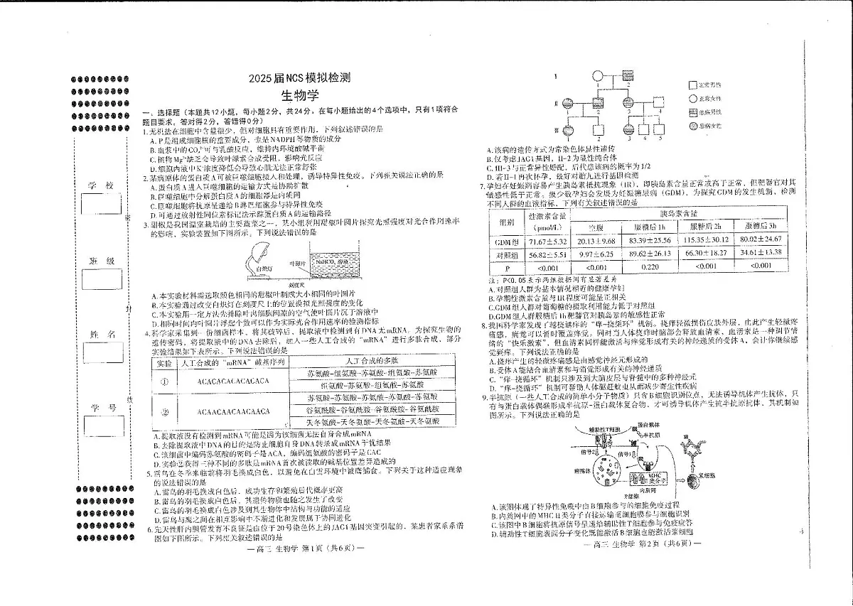 江西省南昌市高三2025届高三第二次模拟考试生物第1页