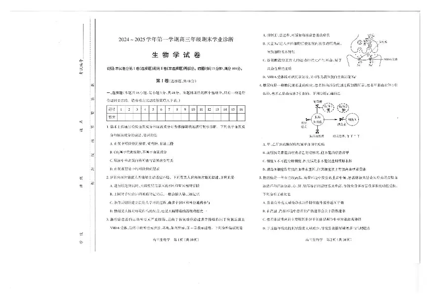 山西太原2024-2025学年高三期末学业诊断生物试卷（含答案）第1页