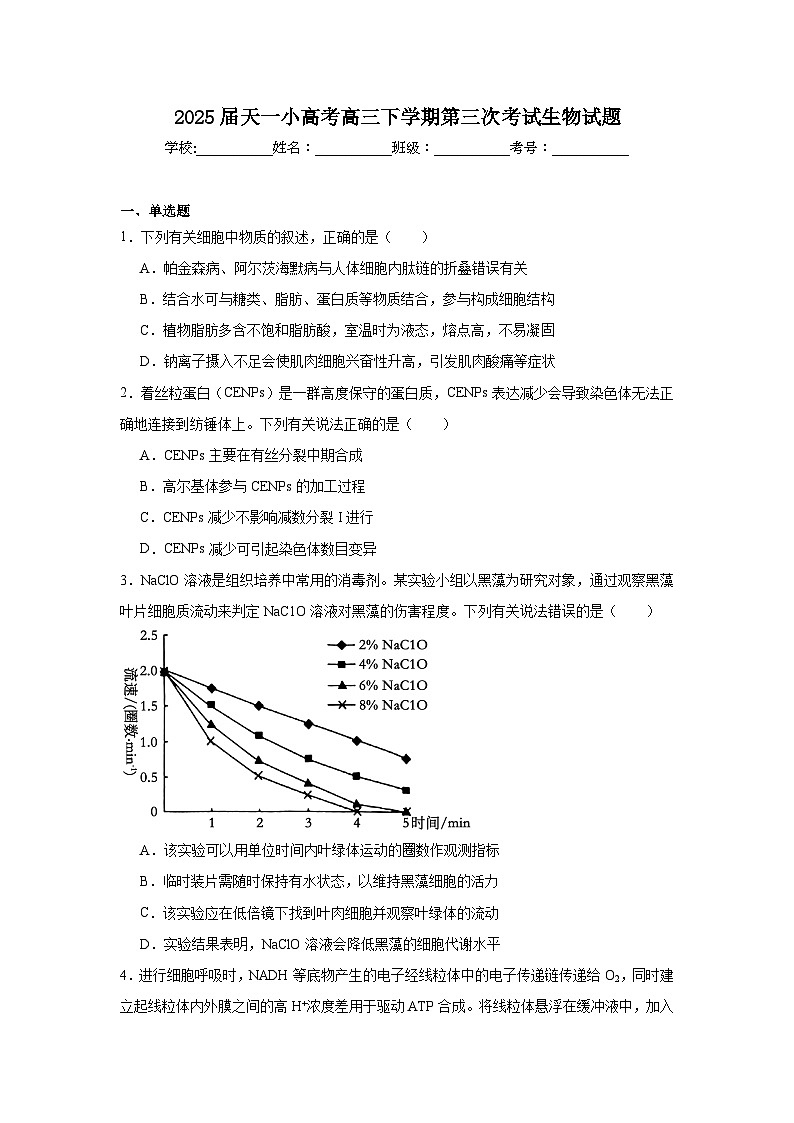 2025届天一小高考高三下学期第三次考试生物试题（附答案解析）第1页