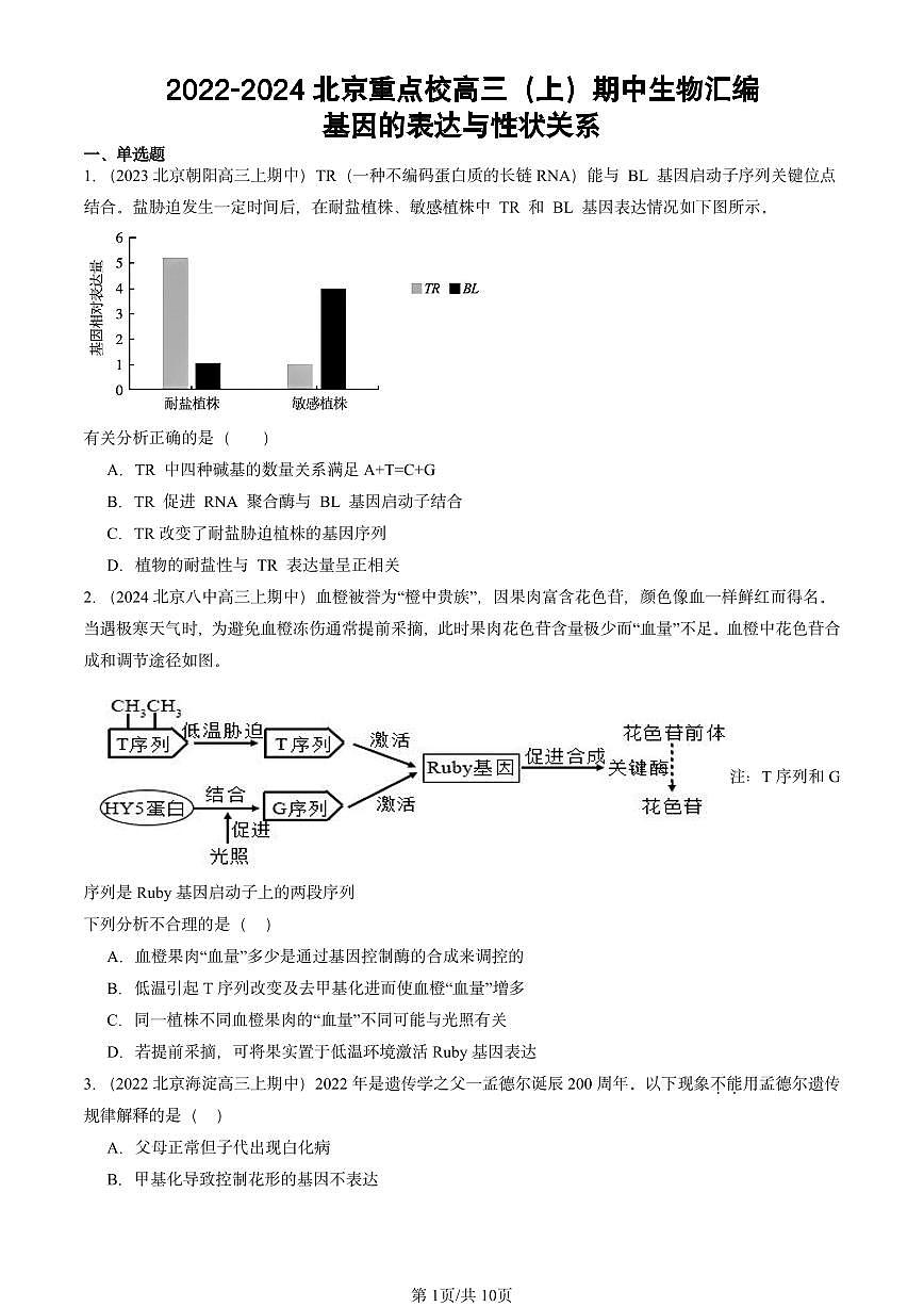 2022-2024北京重点校高三（上）期中真题生物汇编：基因的表达与性状关系第1页