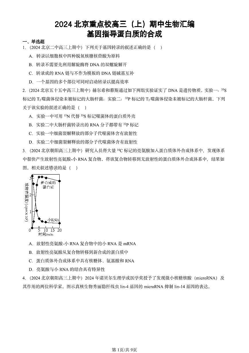 2024北京重点校高三（上）期中真题生物汇编：基因指导蛋白质的合成第1页
