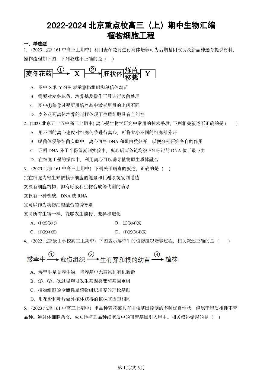 2022-2024北京重点校高三（上）期中真题生物汇编：植物细胞工程第1页