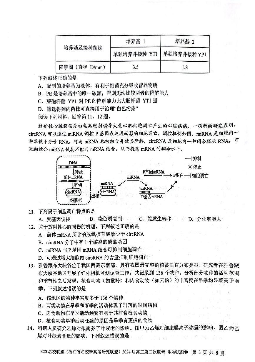 2024届浙江省Z20名校联盟高三第二次联考(12月)-生物试题（含答案）第3页