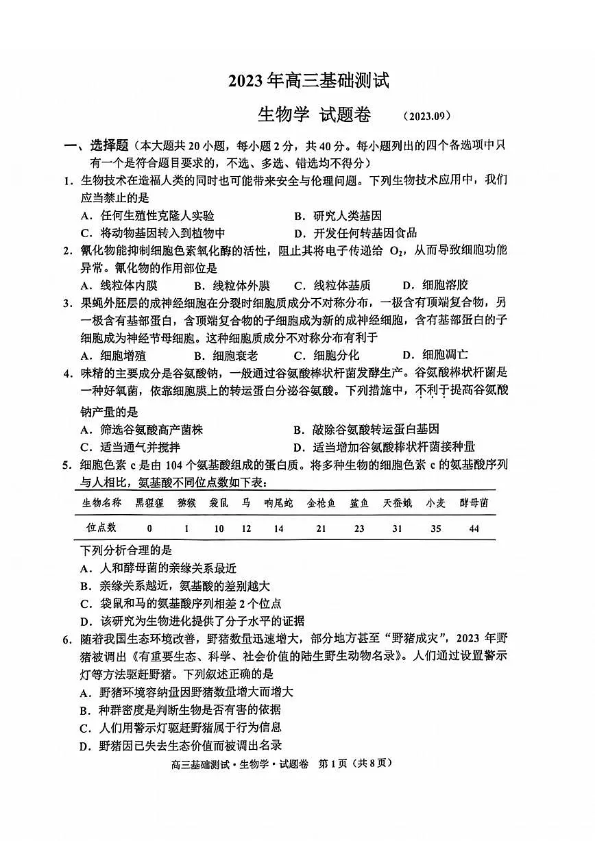 2024届浙江省嘉兴高三9月基础测试-生物试题（含答案）第1页
