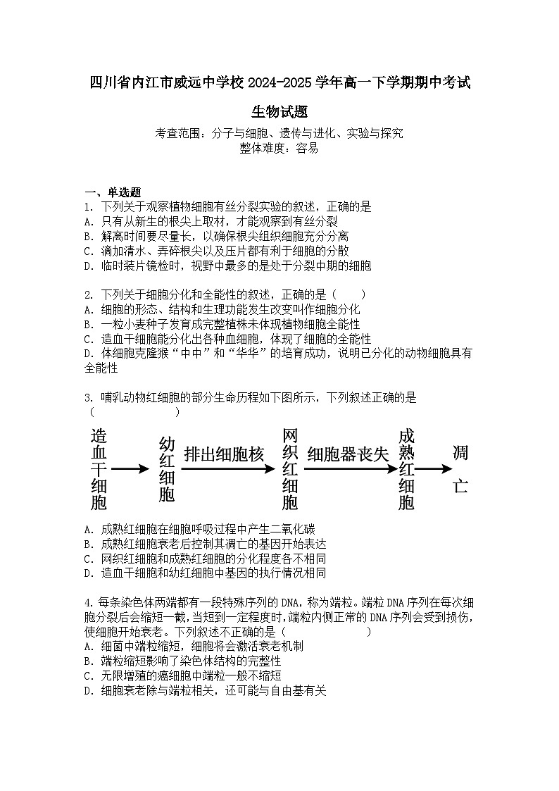 四川省内江市威远中学校2024-2025学年高一下学期期中考试生物试题+答案第1页