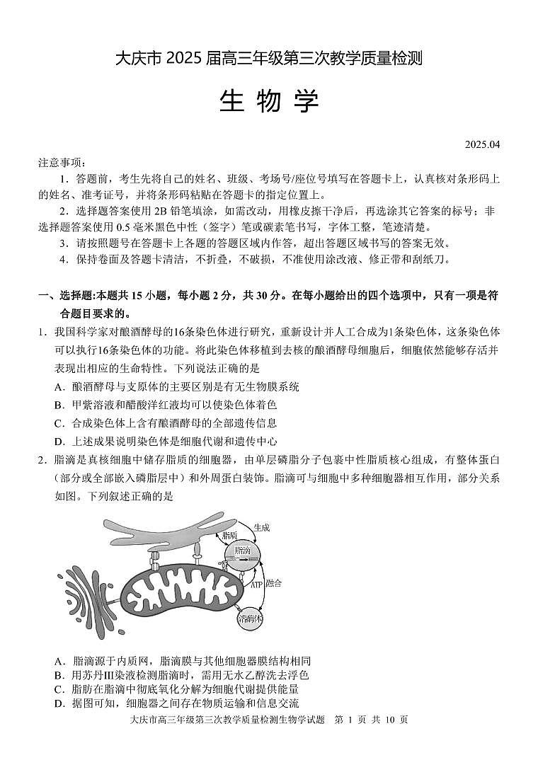 黑龙江省大庆市2025届高三下学期高考第三次模拟考试生物试题及答案第1页