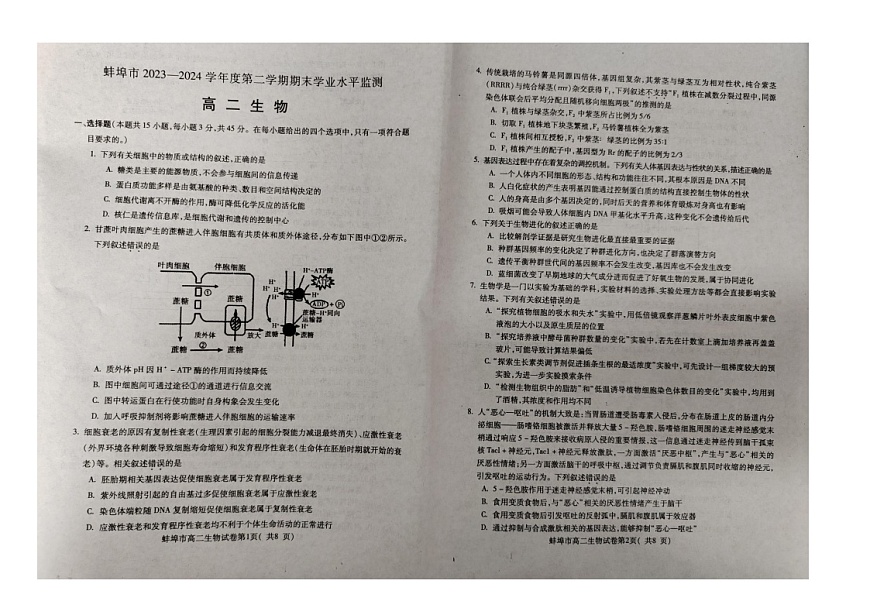 安徽省蚌埠市2023-2024学年高二下学期7月期末学业水平监测生物试题第1页