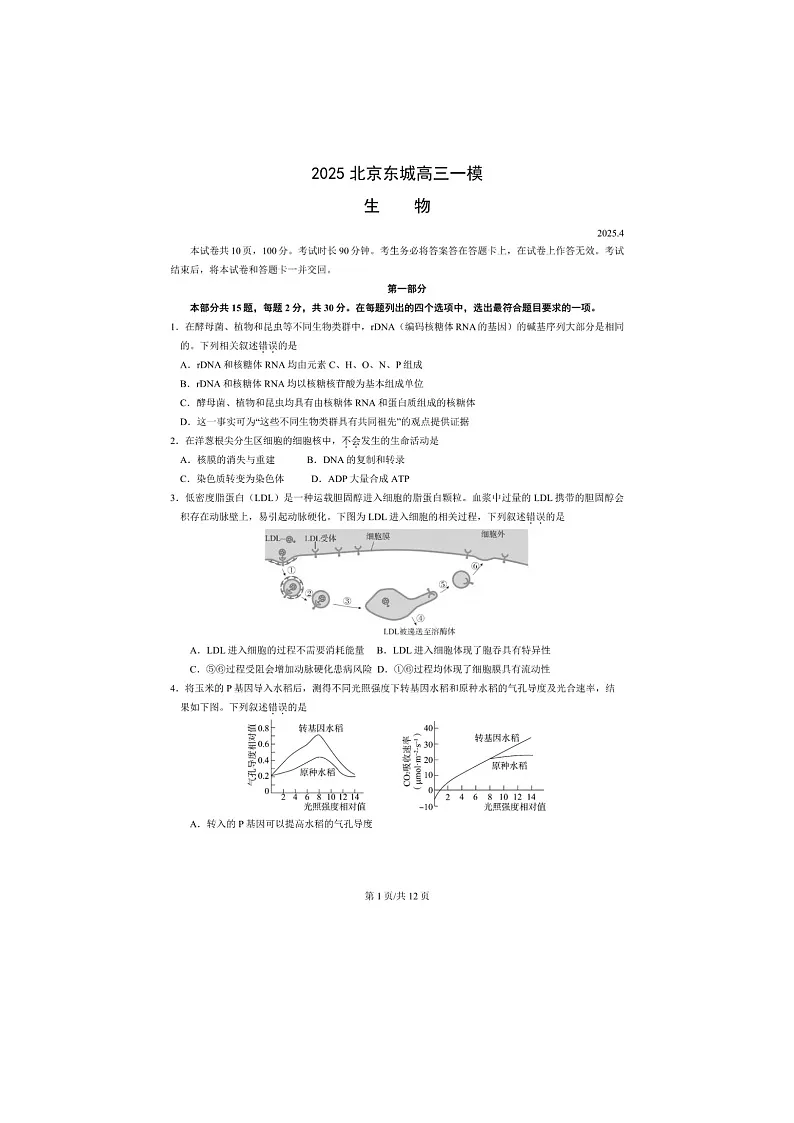 北京市东城区2025年高三一模考试生物试卷含答案第1页