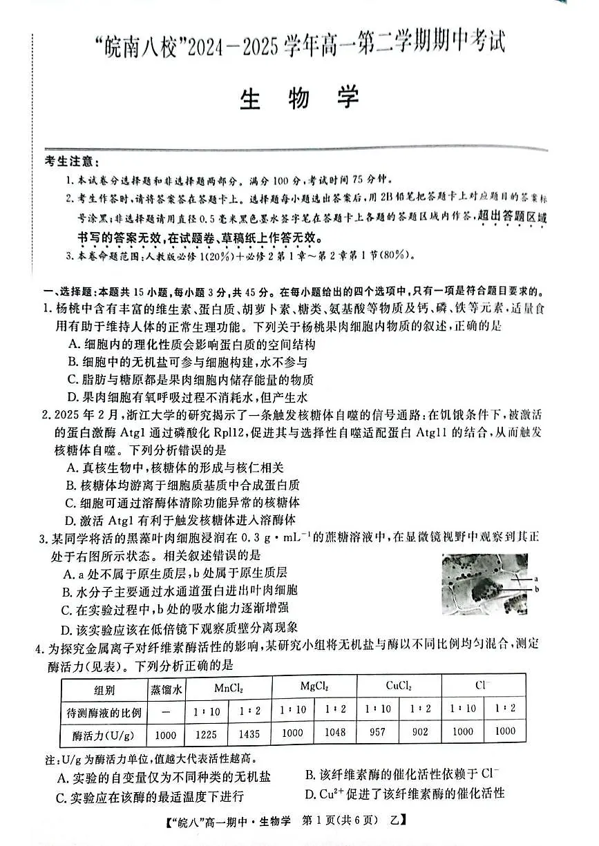 安徽省皖南八校2024-2025学年高一下学期4月期中考试生物（甲卷）试题（PDF版附解析）第1页