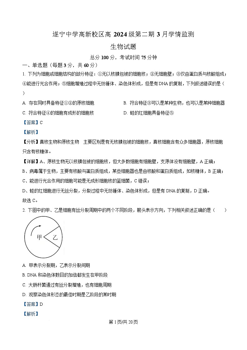 四川省遂宁市遂宁中学2024-2025学年高一下学期3月月考生物试题 Word版含解析第1页