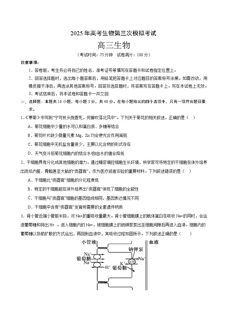 2025年高考第三次模拟考试卷：生物（山西、陕西、宁夏、青海通用）（考试版）第1页