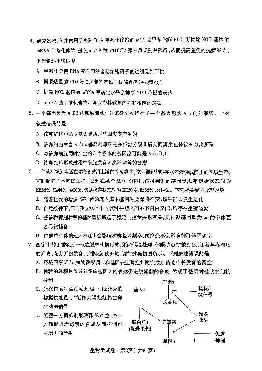 青海省西宁市2025届高三下学期一模生物试卷（PDF版附答案）第2页