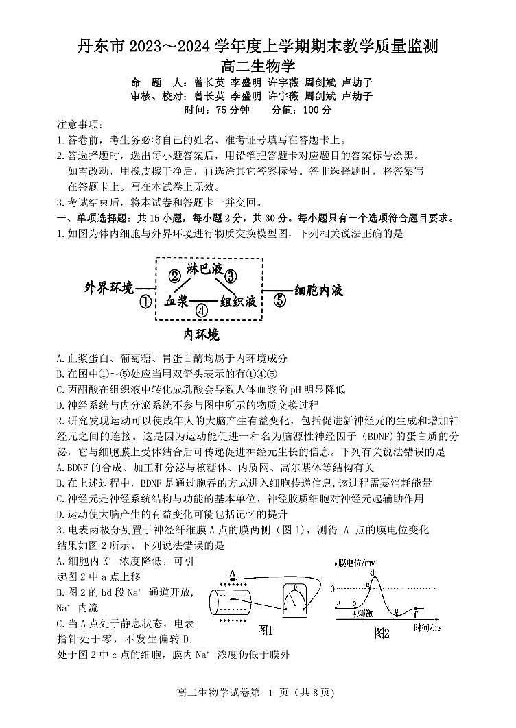 辽宁省丹东市2023-2024学年高二上学期期末质量检测 生物试卷（含答案）第1页