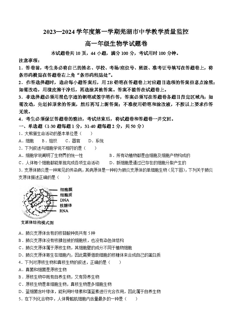 安徽省芜湖市2023-2024学年高一上学期1月期末生物试题（含答案）第1页