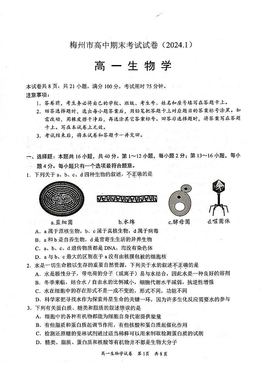 广东省梅州市2023-2024学年高一上学期期末质量检测生物试卷（含答案）第1页