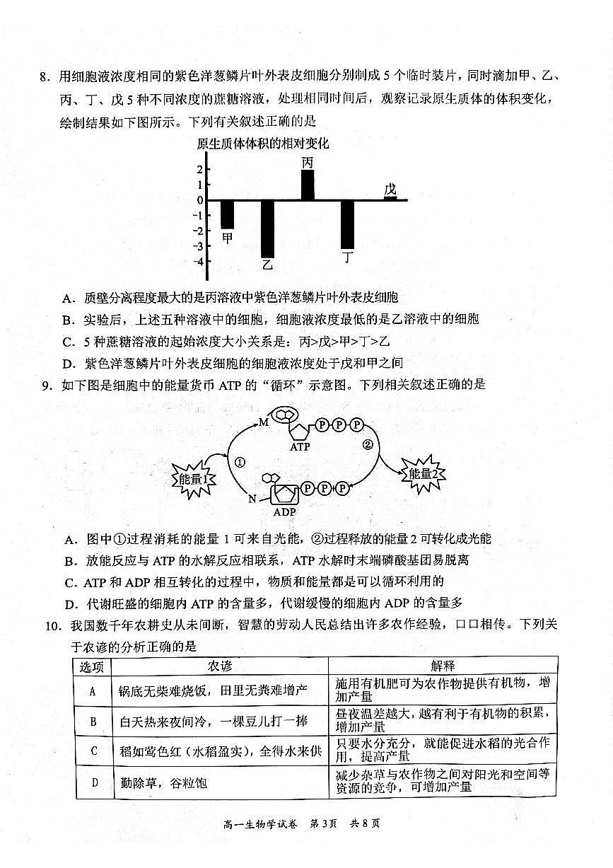 广东省梅州市2023-2024学年高一上学期期末质量检测生物试卷（含答案）第3页