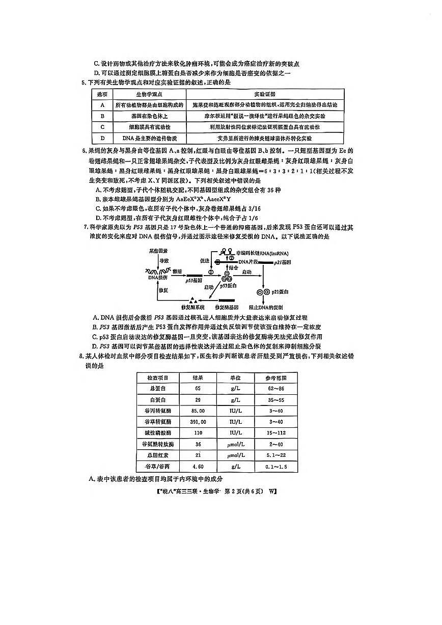 生物丨皖南八校联考安徽省2025届高三下学期4月第三次大联考生物试卷及答案第2页