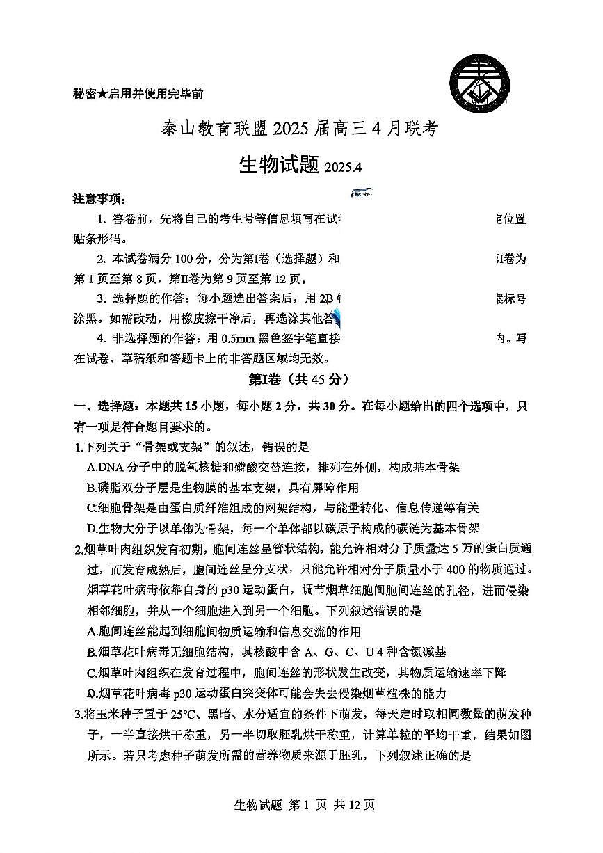 山东省泰山教育联盟2025届高三4月联考生物第1页