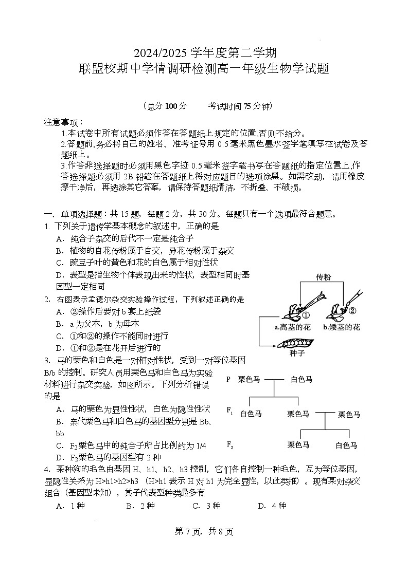 江苏省盐城市联盟校2024-2025学年高一下学期4月期中生物试题第1页