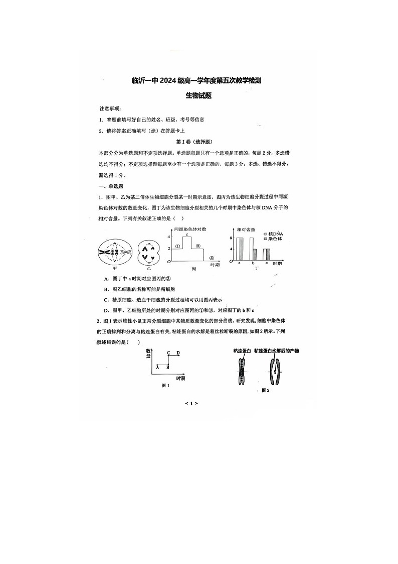 山东省临沂第一中学2024-2025学年下学期高一3月第五次教学检测生物试卷含答案第1页
