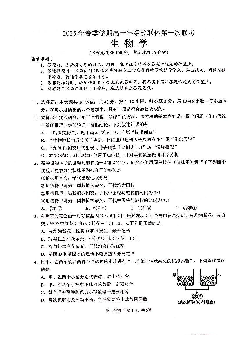 广西河池市十校2024-2025学年高一下学期校联体第一次联考生物试题（PDF版附解析）第1页