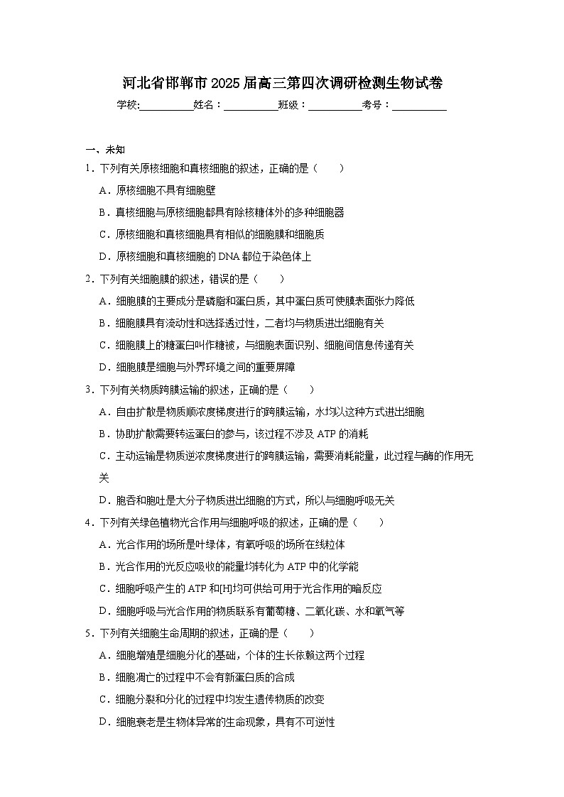河北省邯郸市2025届高三第四次调研检测生物试卷（无答案）第1页