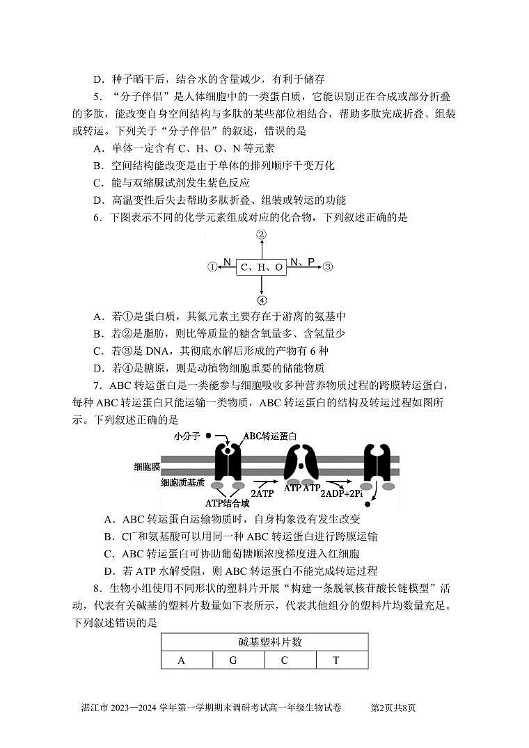 广东省湛江市2023-2024学年高一上学期期末考试试题生物（含答案）第2页