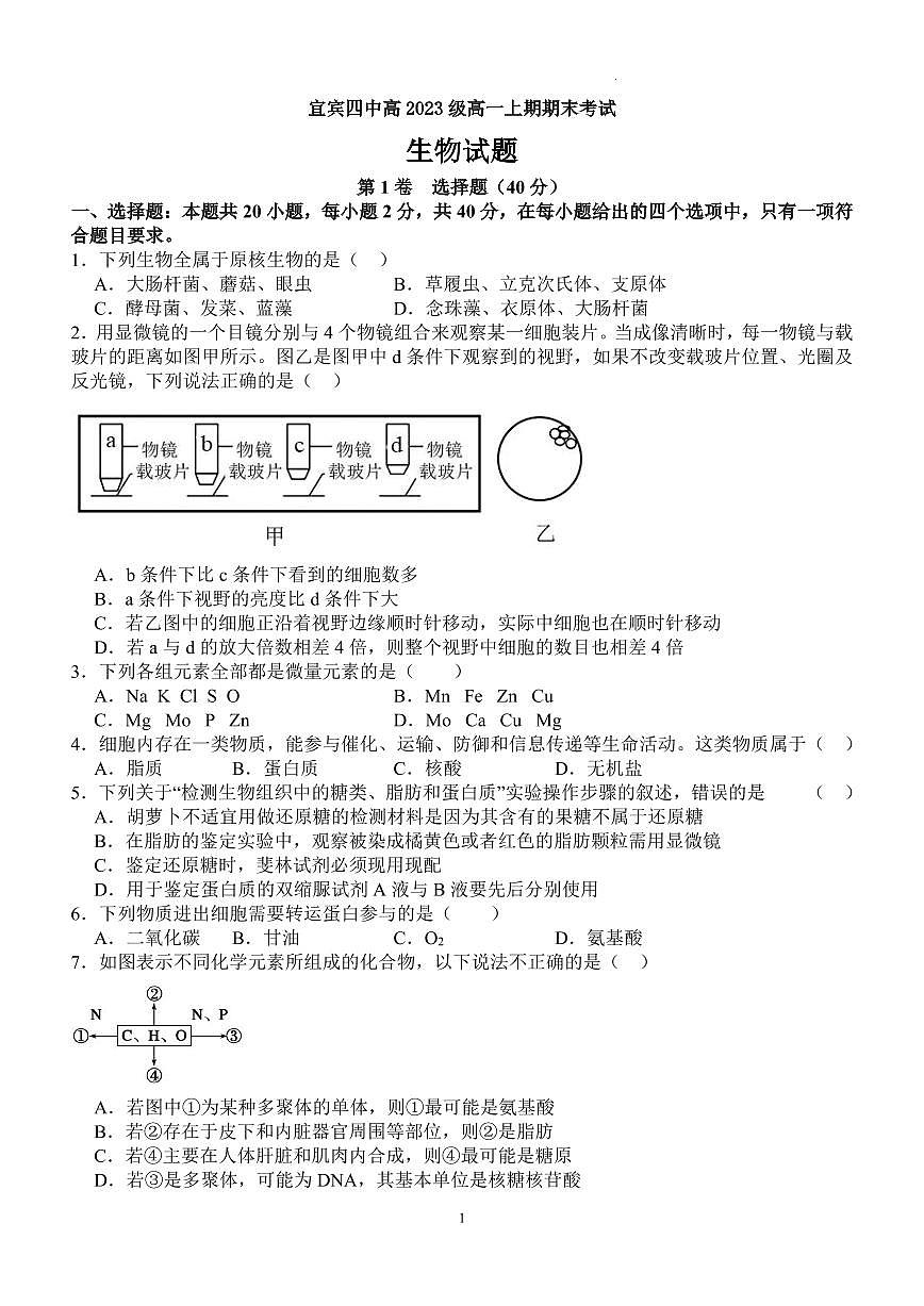 宜宾四中高2023级高一上期期末考试生物试题（含答案）第1页