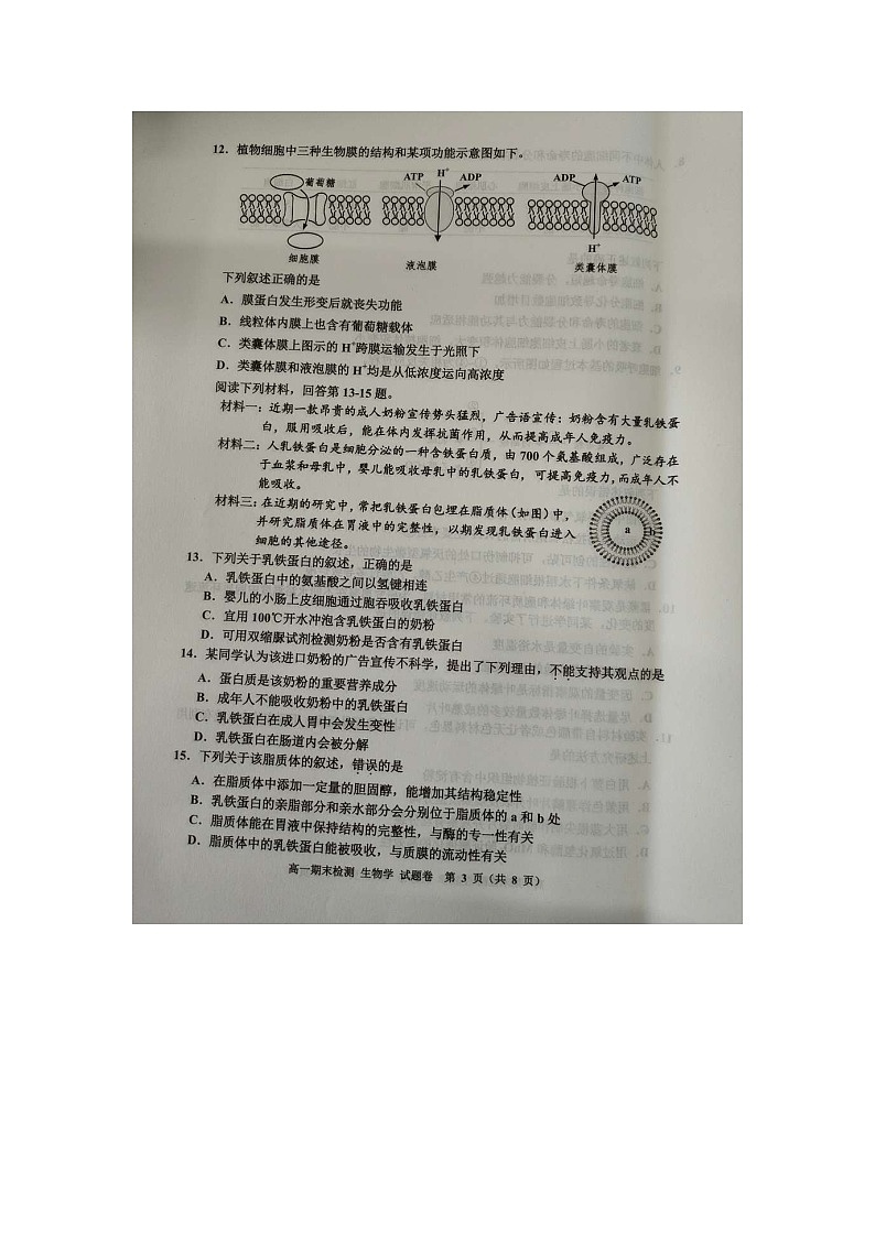 浙江省嘉兴市2023-2024学年高一上学期1月期末考试生物试题（含答案）第3页