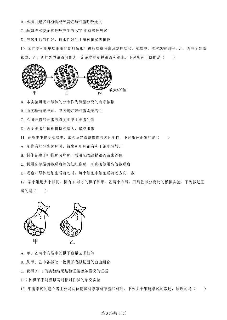 浙江省宁波市2023-2024学年高一上学期期末考试生物试题（含答案）第3页