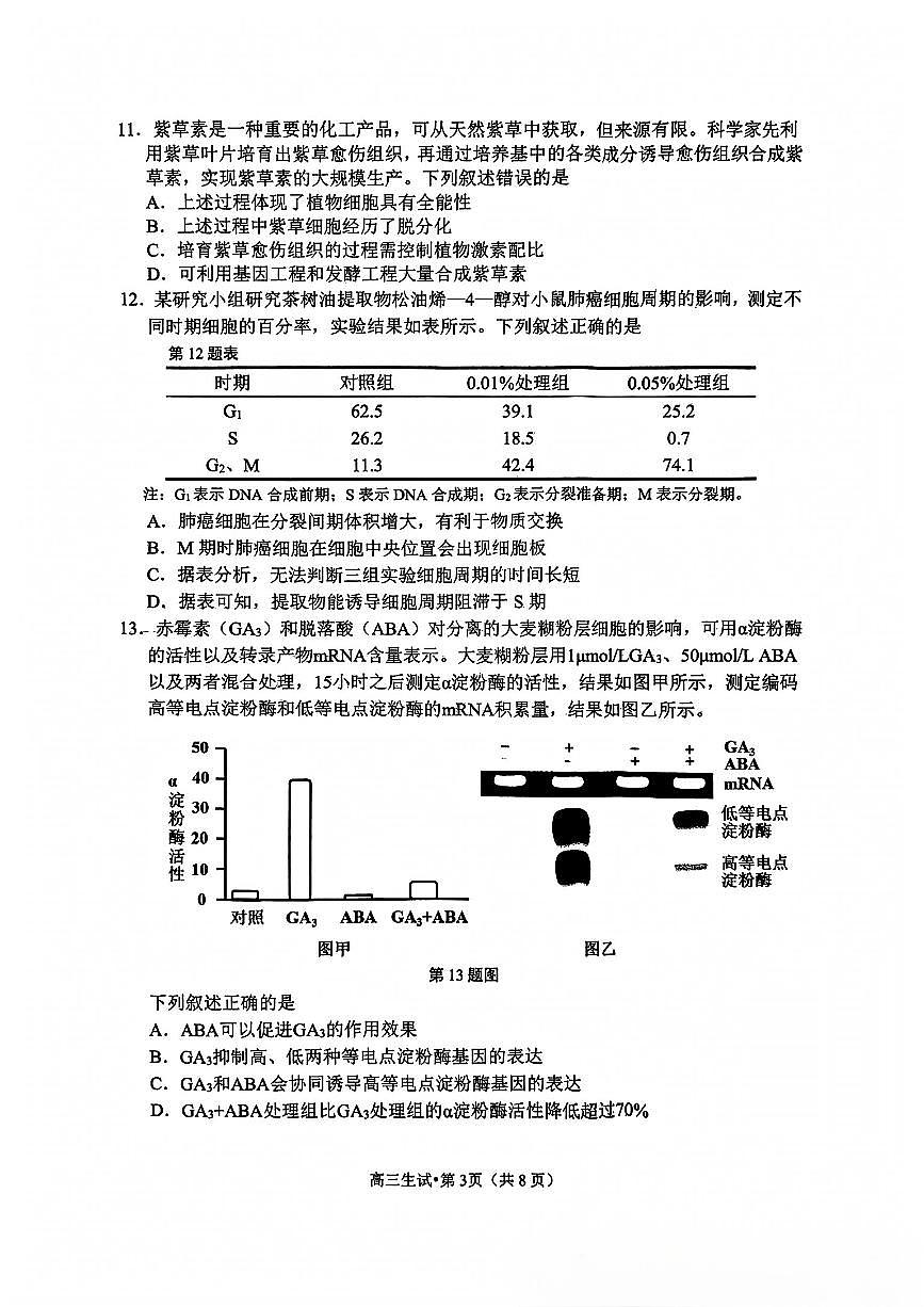 【生物试卷】2504杭州二模第3页