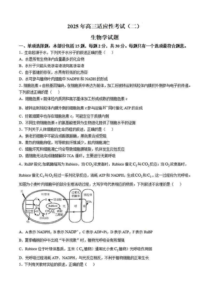 2025届江苏省南通市如皋市高三下学期适应性考试（二）生物试题（含答案）第1页