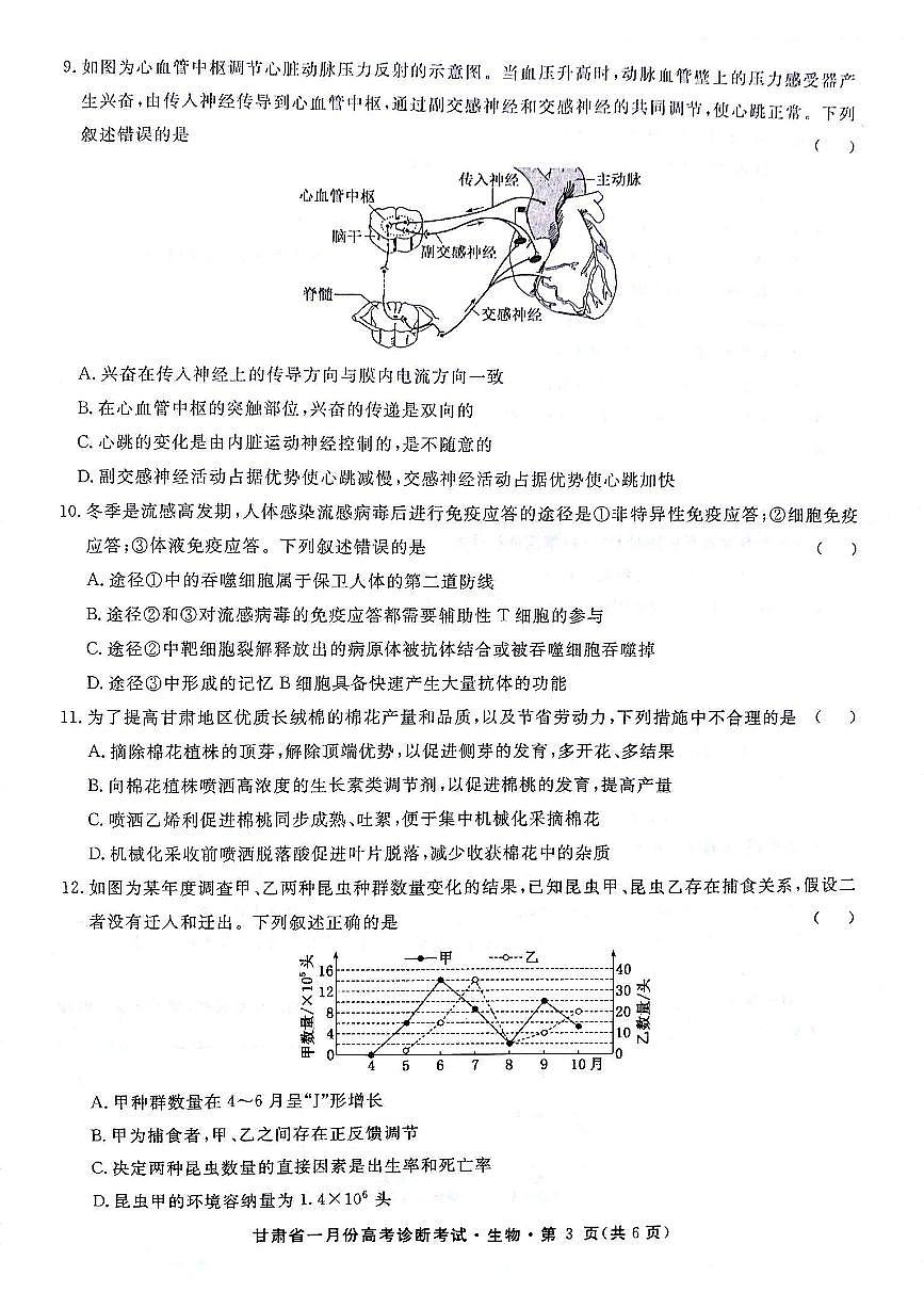 甘肃省2024届高三上学期1月份高考诊断考试（甘肃一诊）生物试卷（含答案）第3页