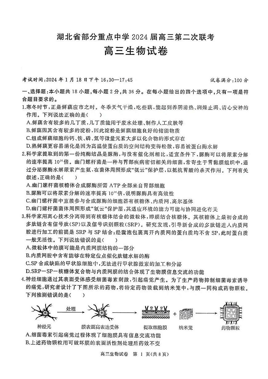 湖北省部分重点中学2024届高三上学期第二次联考生物试题（含答案）第1页