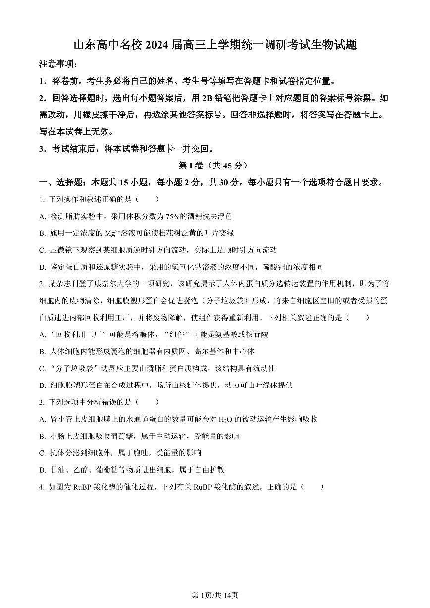 山东省高中名校2024届高三上学期12月统一调研考试生物试卷（含答案）第1页