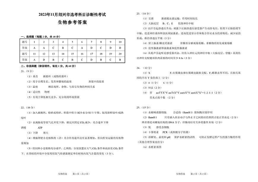 2023年11月绍兴市高三诊断性考试  生物参考答案 第1页
