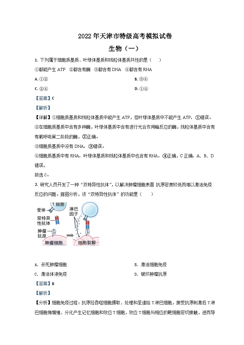 天津市市区重点中学2022届高三下学期一模联考生物试题 含解析第1页