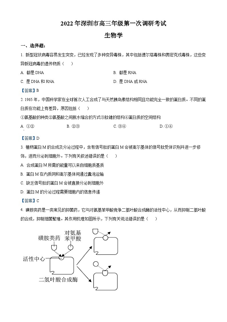 2022届广东省深圳市高三下学期第一次调研考试（一模）生物试题 附答案第1页