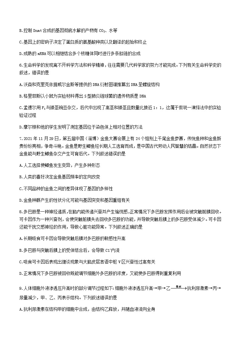 2022届山东省聊城市高三高考一模考试生物试卷 附答案第3页